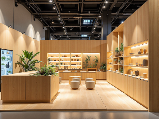 全链条健康生态展示，健康产品陈列架，绿色植物装饰，明亮室内环境